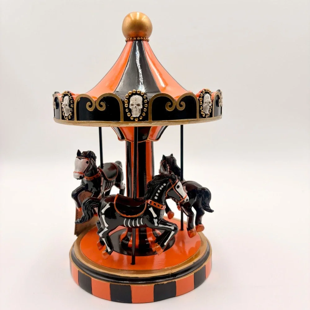 Sweet Street Halloween Skeleton Horse Carousel Figurine Orange Black Skulls
